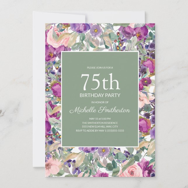 Invitation Fleurs de sauge vertes Floral Rose Violet 75e Anni (Devant)