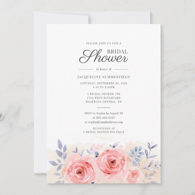 Invitation Fleurs de Script Aquarelle Roses Roses Fête de Mar (Devant)