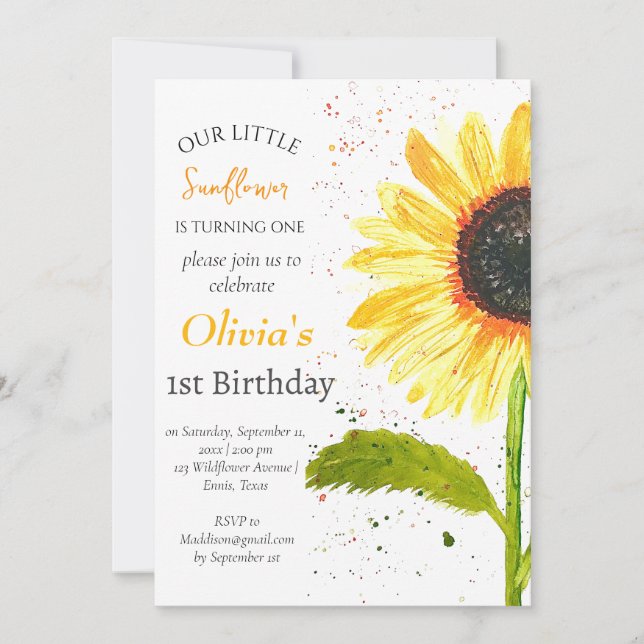 Invitation Fleurs de soleil 1er premier anniversaire fille Pa (Devant)
