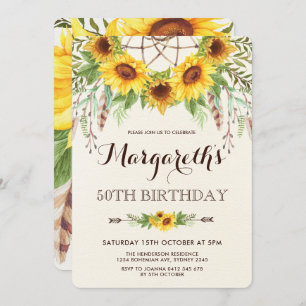 Invitation Fleurs de soleil 50e anniversaire fête Boho Feathe