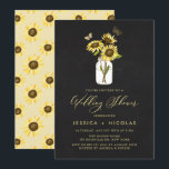 Invitation Fleurs de soleil à Mason Jar Wedding shower de tab<br><div class="desc">Famille Invitation et amis à votre wedding shower avec cette invitation florale fantaisiste. Il présente des tournesols en bocal de mason, des papillons et des motifs floraux de tournesols assortis sur arrière - plan de tableau de bord faux. Personnalisez cette invitation rustique en y ajoutant les noms, la date, l'heure,...</div>