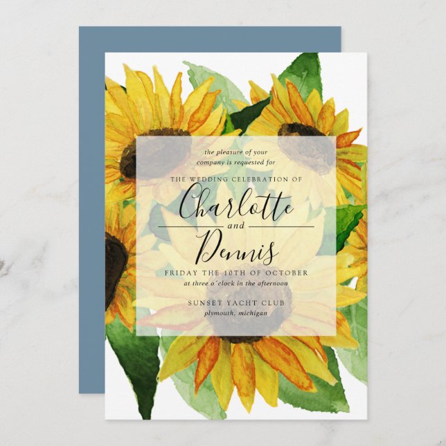 Invitation Fleurs de soleil aquarelle avec mariage bleu pâle (Devant / Derrière)