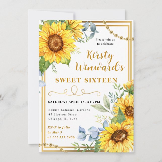 Invitation Fleurs de soleil aquarelle et cadre or doux 16 (Devant)