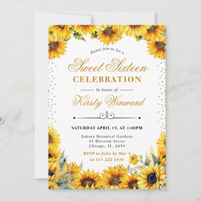 Invitation Fleurs de soleil aquarelle et Parties scintillant  (Devant)