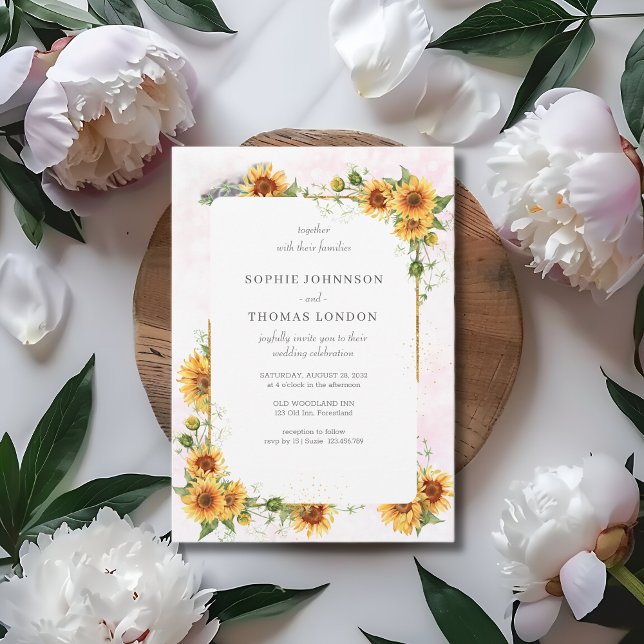 Invitation Fleurs de soleil avec cadre or mariage (Créateur téléchargé)