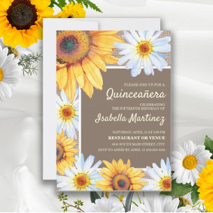 Invitation Fleurs de Soleil Blancs Boucles Quinceañera 15e