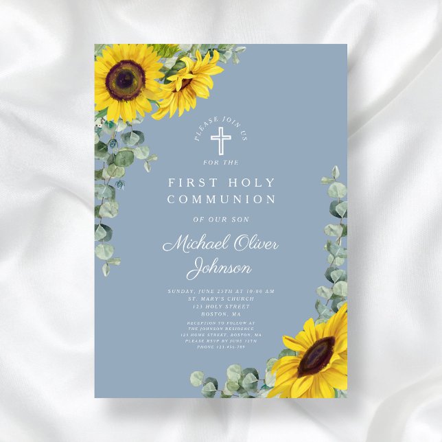 Invitation Fleurs de soleil bleues modernes Première communio (Modern Blue Sunflowers First Holy Communion Invitation)