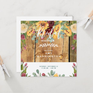 Invitation Fleurs de soleil Bois rustique Fête des mariées Fl