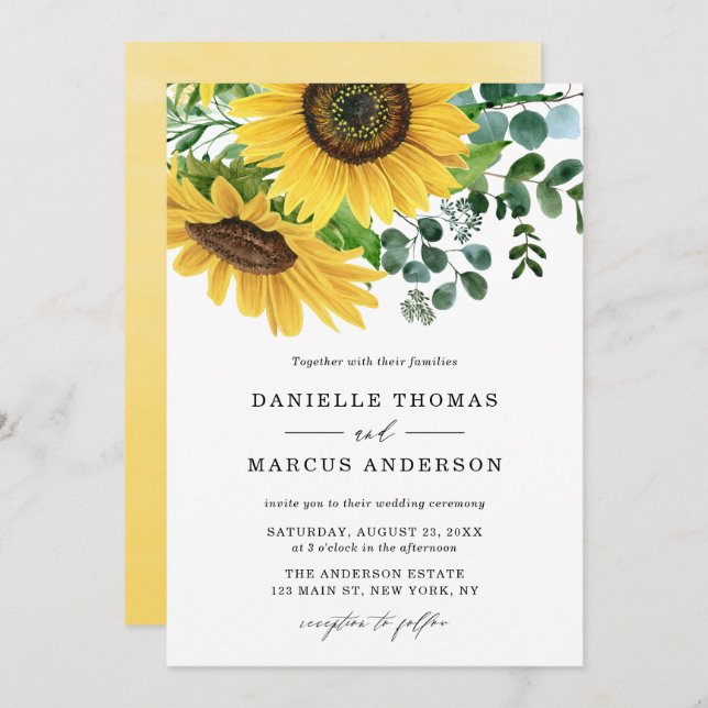 Invitation Fleurs de soleil d'aquarelle et Mariage d'eucalypt (Devant / Derrière)