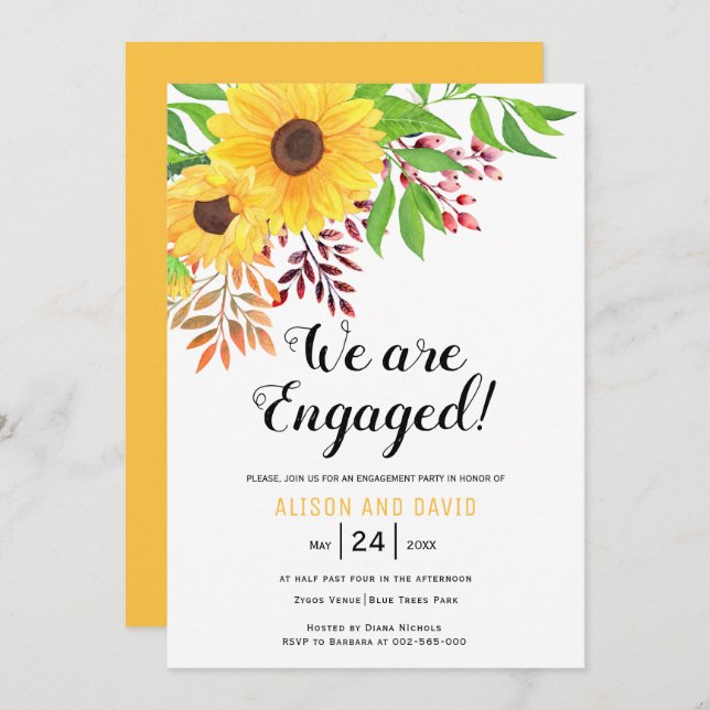 Invitation Fleurs de soleil d'aquarelle mariage de fiançaille (Devant / Derrière)