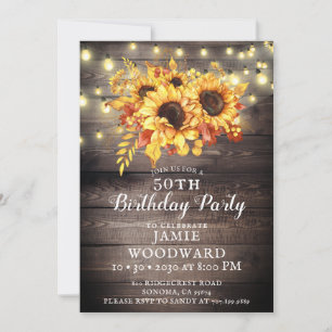 Invitation Fleurs de soleil d'or Bois rustique 50e fête d'ann