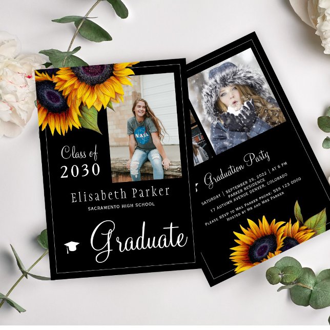 Invitation Fleurs de soleil dorées Fête de graduation de coll (Créateur téléchargé)