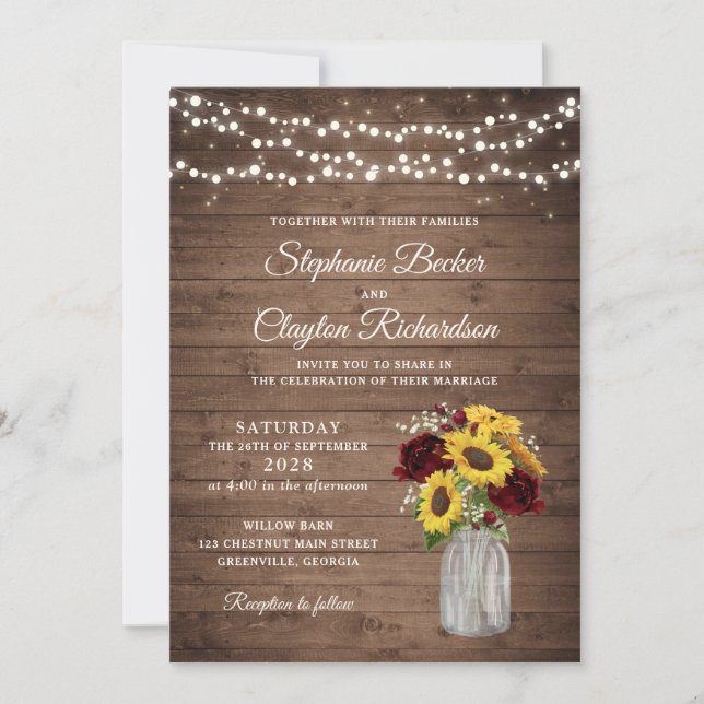 Invitation Fleurs de soleil en bois rustique Mariage de jarre (Devant)