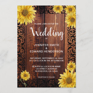 Invitation Fleurs de soleil en bois rustique mariage vintage