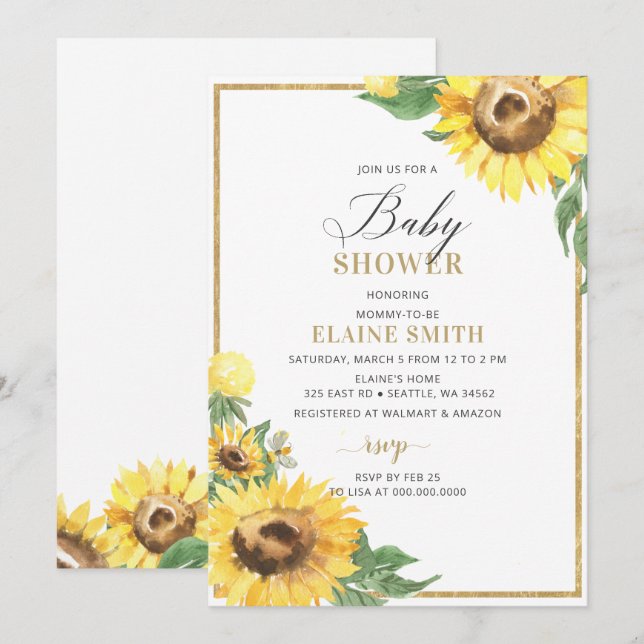Invitation Fleurs de soleil et abeilles Baby shower neutre (Devant / Derrière)