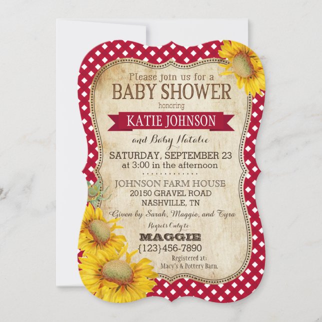 Invitation Fleurs de soleil et Baby shower En vichy (Devant)