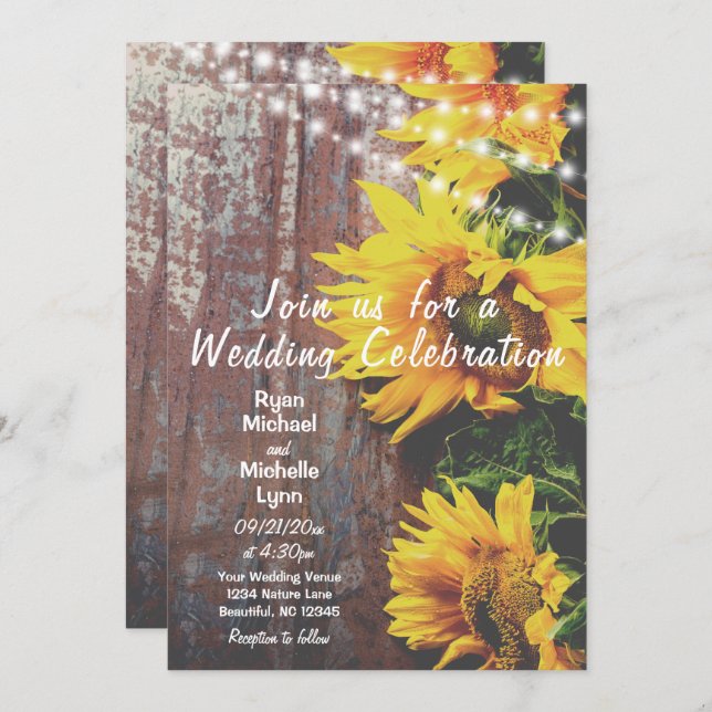 Invitation Fleurs de soleil et lumières Mariage campagnard ru (Devant / Derrière)