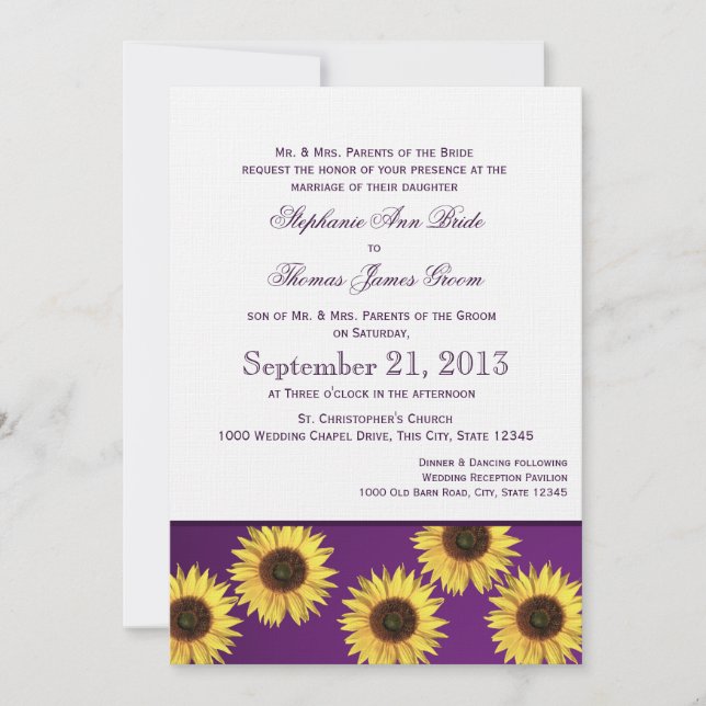 Invitation Fleurs de soleil et Mariage campagnard pourpre (Devant)