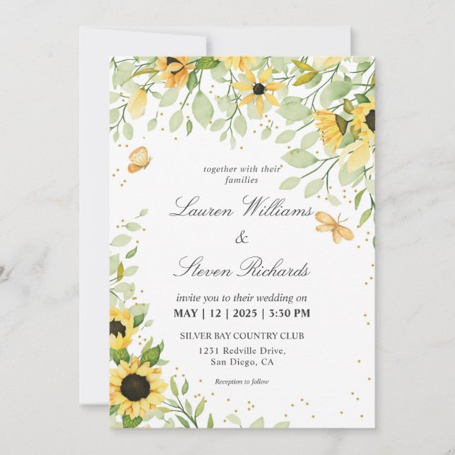 Invitation Fleurs de soleil et Mariage de papillon blanc pers (Devant)