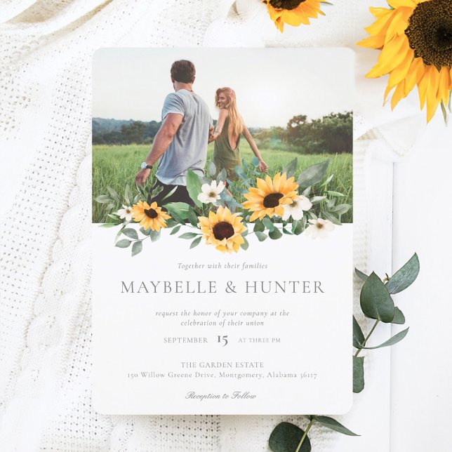 Invitation Fleurs de soleil et Mariage Fleur sauvage (Yellow Watercolor Sunflowers & Wildflower Wedding Invitation)