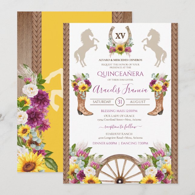 Invitation Fleurs de soleil Floral Rustique Charro Quinceaner (Devant / Derrière)