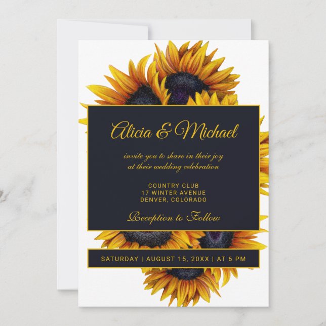 Invitation Fleurs de soleil jaune or | Mariage d'été (Devant)