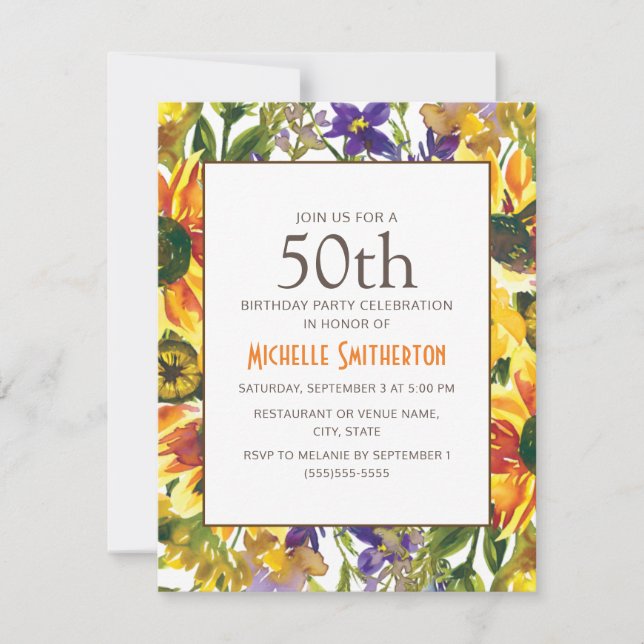 Invitation Fleurs de soleil jaunes 50e fête d'anniversaire (Devant)