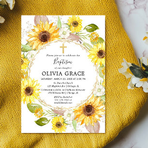 Invitation Fleurs de soleil jaunes baptême aquarelle fleurie