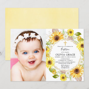 Invitation Fleurs de soleil jaunes baptême aquarelle florale 