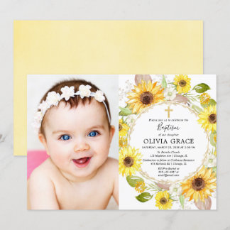Invitation Fleurs de soleil jaunes baptême aquarelle florale 