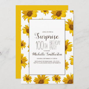 Invitation Fleurs de soleil jaunes Blanc 100e fête d'annivers