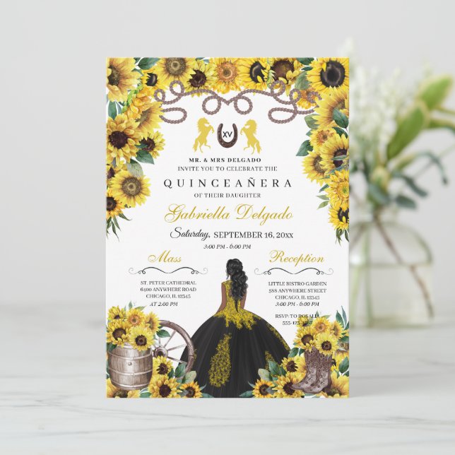 Invitation Fleurs de soleil jaunes Charro Quinceanera (Debout devant)