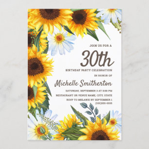 Invitation Fleurs de soleil jaunes Marguerites blanches 30e a