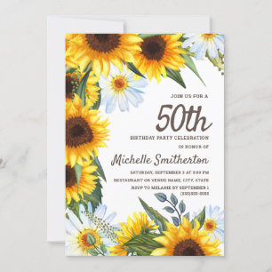 Invitation Fleurs de soleil jaunes Marguerites blanches 50e a