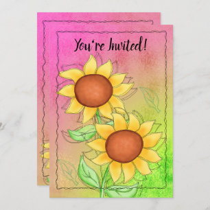 Invitation Fleurs de soleil jaunes Texturées rose vert Annive