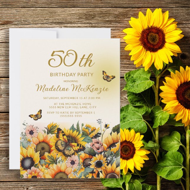 Invitation Fleurs de soleil papillons 50e fête d'anniversaire (Créateur téléchargé)