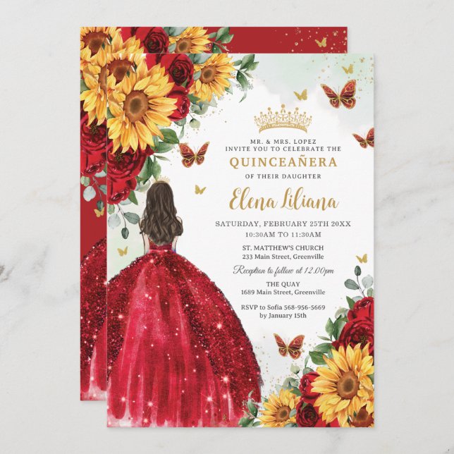 Invitation Fleurs de soleil Robe Florale Rouge Quinceañera Sw (Devant / Derrière)