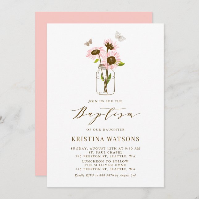 Invitation Fleurs de soleil roses dans Mason Jar Baptême d'ét (Devant / Derrière)