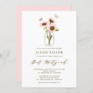 Invitation Fleurs de soleil roses dans Mason Jar Bat mitzvah 
