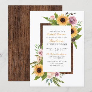 Invitation Fleurs de soleil, Roses et bois rustiques Fête d