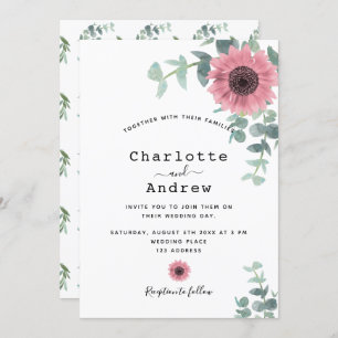 Invitation Fleurs de soleil roses mariage de verdure fleurie