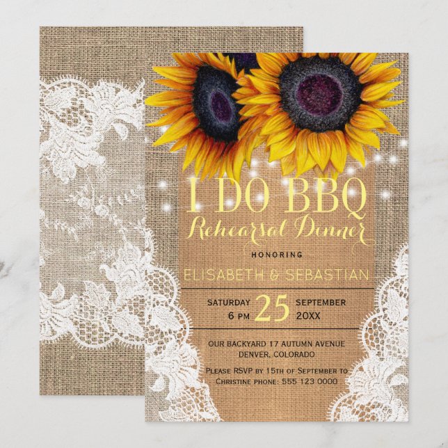 Invitation Fleurs de soleil rousses I DO BBQ répétition dîner (Devant / Derrière)