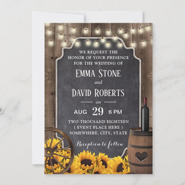Invitation Fleurs de soleil rustique Bois Vin Baril Mariage (Devant)