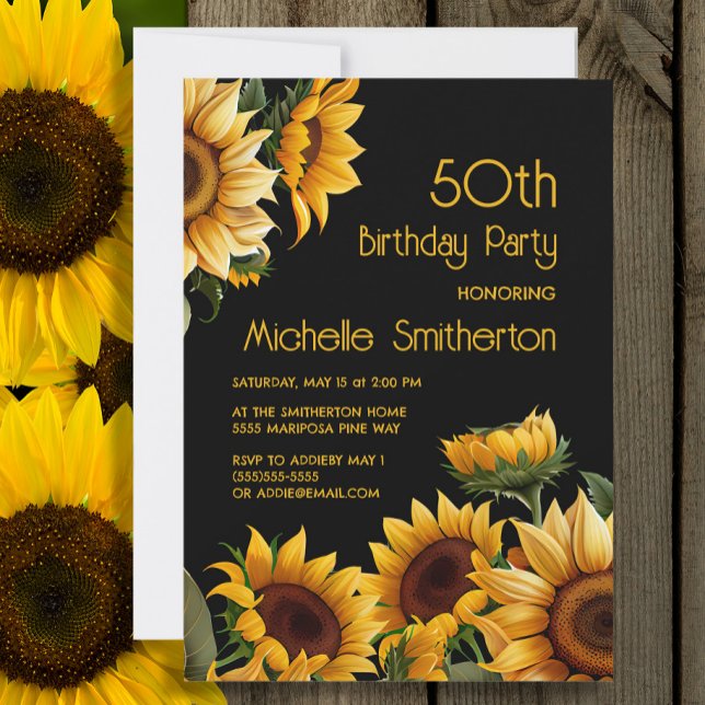 Invitation Fleurs de soleil rustique élégant Noir 50e anniver (Sunflowers on black 50th birthday party invitation)