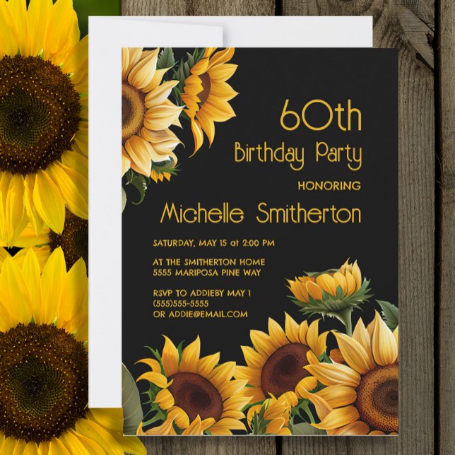 Invitation Fleurs de soleil rustique élégant Noir 60e anniver (Sunflowers on black 60th birthday party invitation)