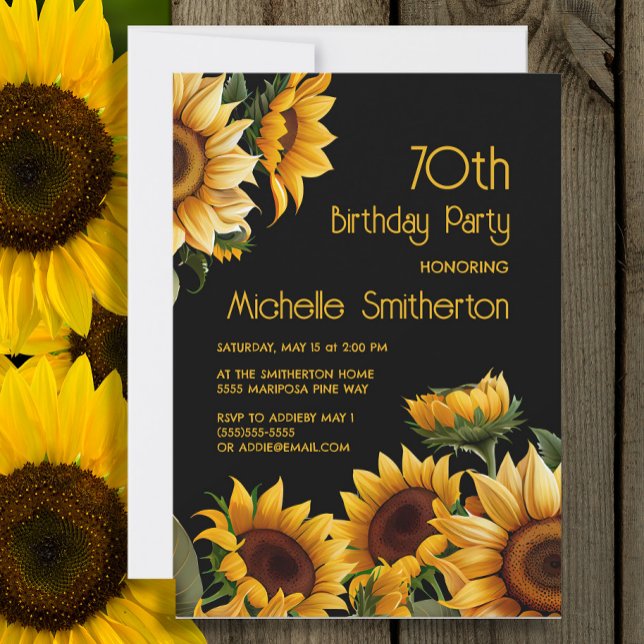 Invitation Fleurs de soleil rustique élégant Noir 70e anniver (Sunflowers on black 70th birthday party invitation)