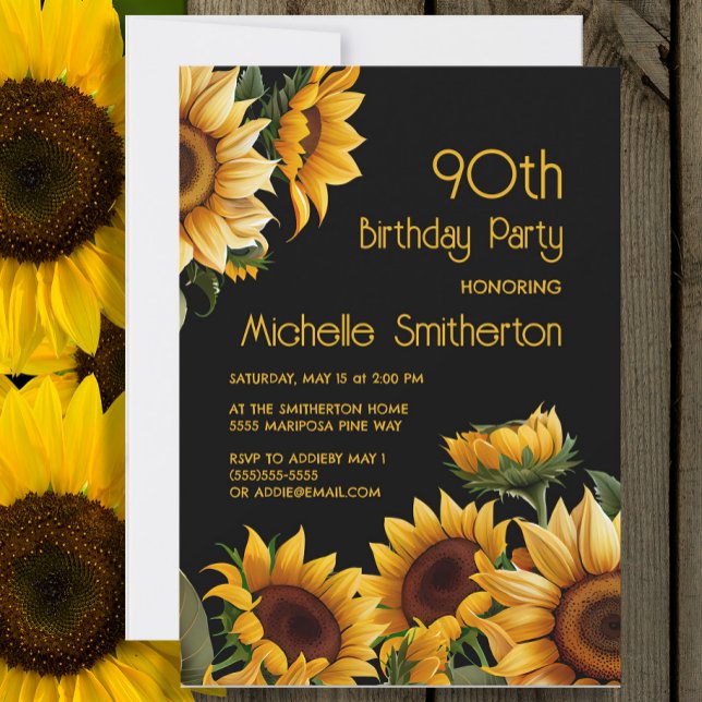 Invitation Fleurs de soleil rustique élégant Noir 90e anniver (Sunflowers on black 90th birthday party invitation)