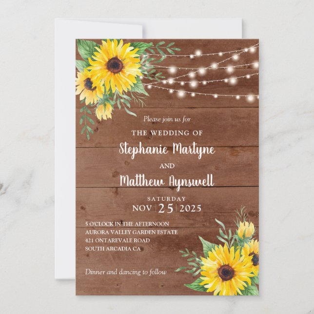 Invitation Fleurs de soleil rustiques Éclairage Mariage en bo (Devant)