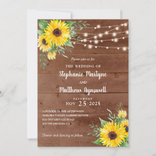 Invitation Fleurs de soleil rustiques Éclairage Mariage en bo