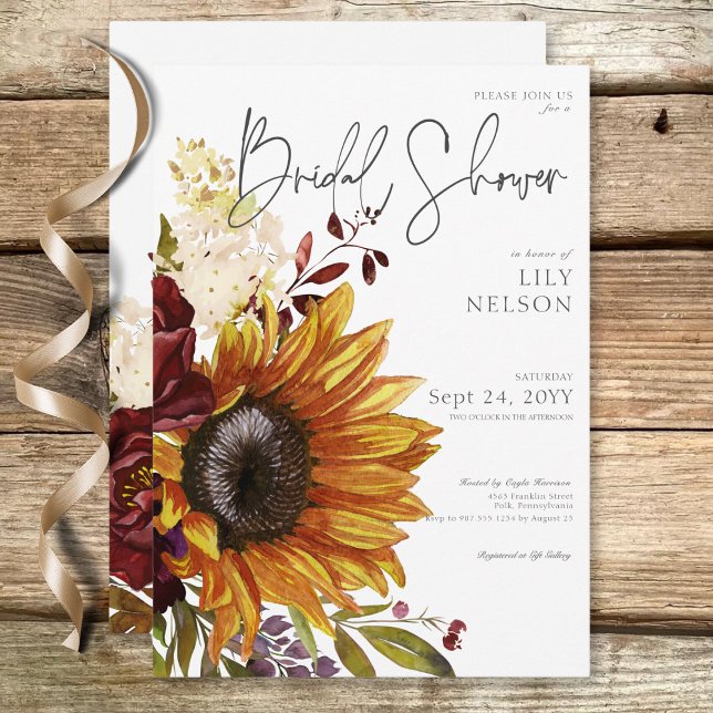 Invitation Fleurs de soleil rustiques et Fête des mariées flo (Rustic Sunflowers & Burgundy Floral Bridal Shower Invitation)